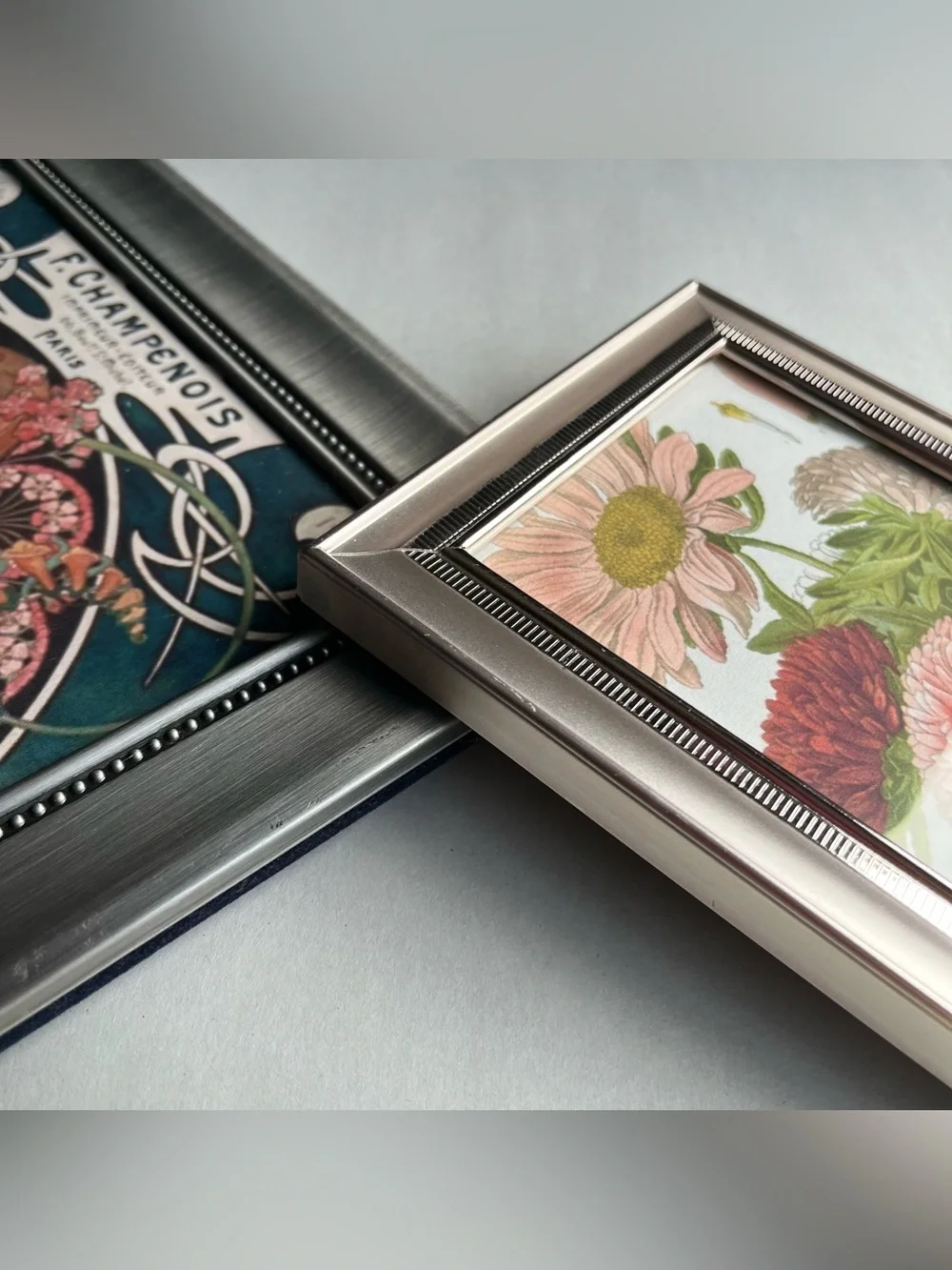 Vintage Metal Silvertone Picture Photo Frames w/ Fine Art Prints-Set of 2